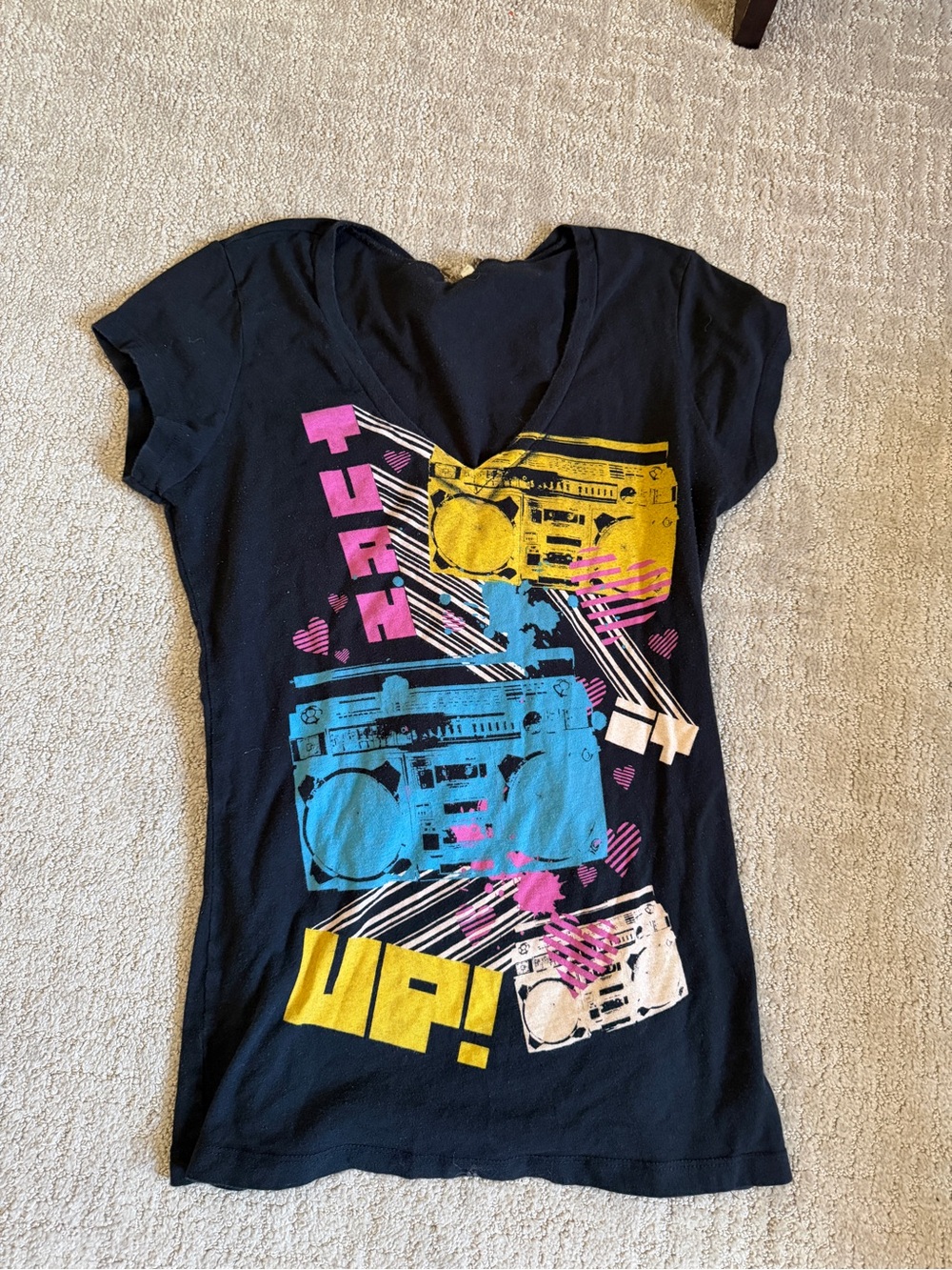 Zumiez Black V-Neck Tee with Yellow, Blue and Pink Boombox Graphic